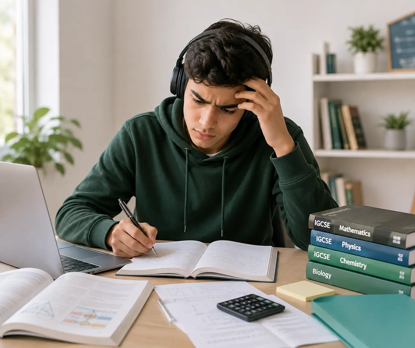 IGCSE student studying with headphones